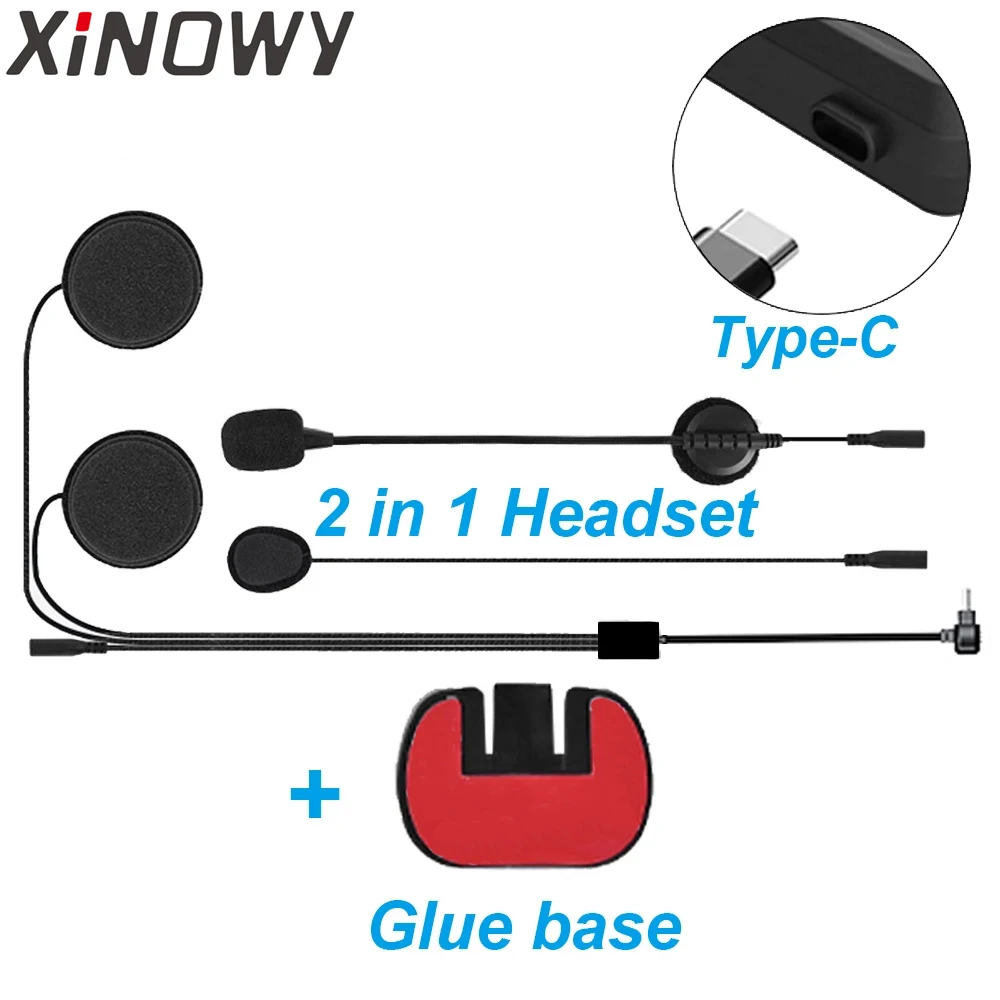 Type-C USB-C for Xinowy V6 PLUS 2 in 1 Earphone Headset + Mounting Clip Glue Base for Teleheer Motorcycle Helmet Intercom