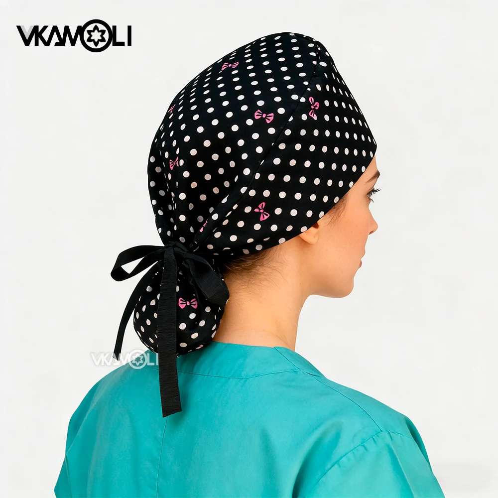 Black dot print Long Hair Working Cap Adjustable Working Hat Ponytail Holder Tie Back Hats for Women Scrub Cap