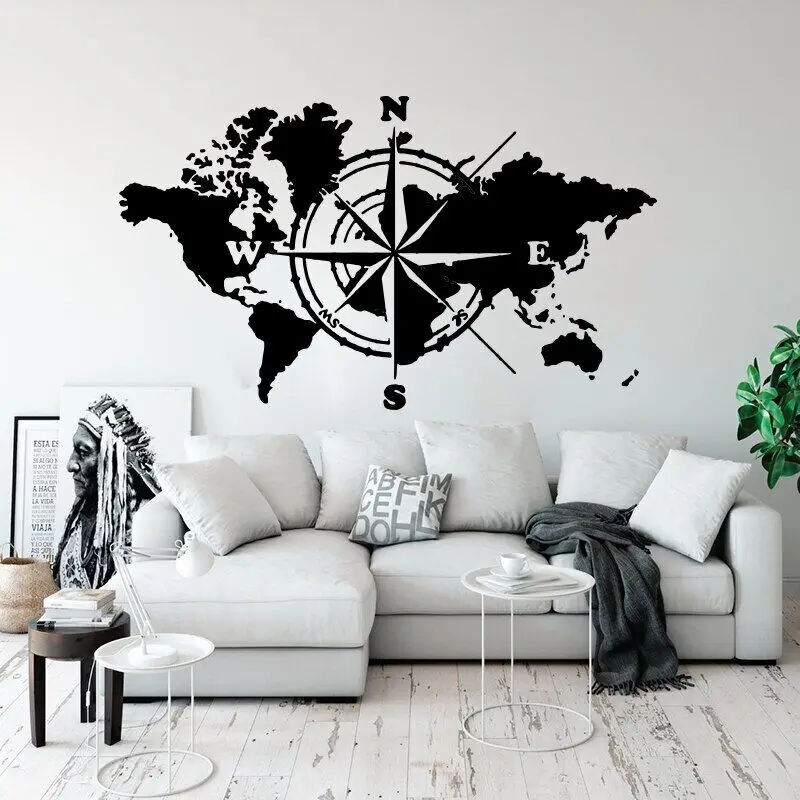 Large World Map Atlas of The World Compass Wall Sticker Office Classroom Global Earth World Map Decal Bedroom Vinyl Decor M365