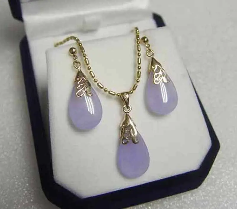 Details about  AAA Beautiful Jewelry 18KGP Purple jade pendant necklace earring set