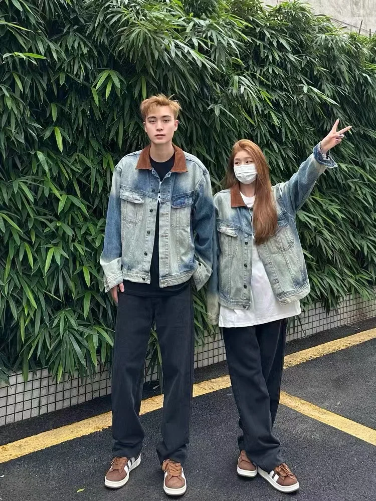 

Retro Washed Denim Jacket Men's Loose Fit Versatile American Style Spring Autumn Outerwear Collar Single Button Long Sleeve