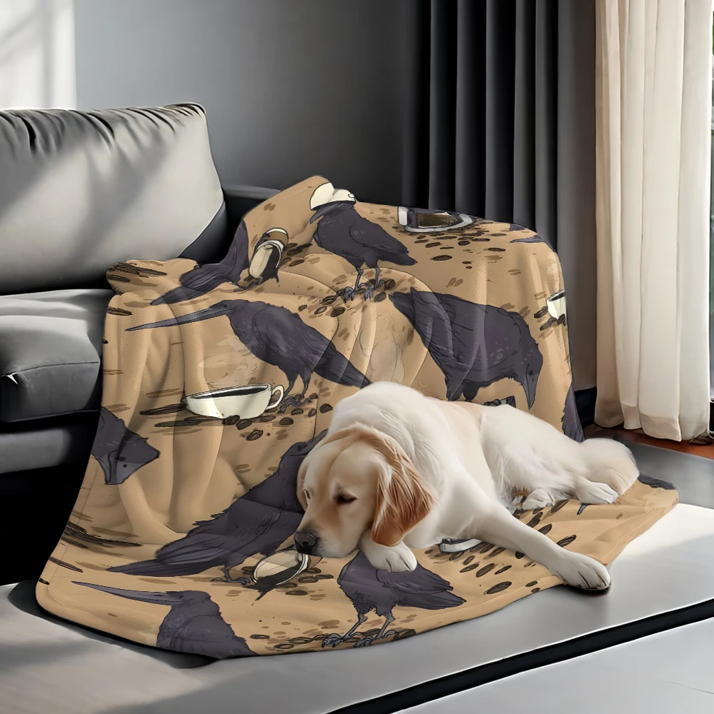 Crows Coffee Beans Cups Flannel Blanket Soft Cozy Throw Blanket for Bed Sofa Couch Fuzzy Plush Bed Cover