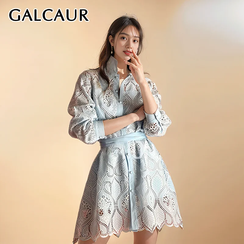 GALCAUR Temperment Hollow Out Embroidery Dresses For Women Lapel Long Sleeve High Waist Single Breasted Solid Mini Dress Female