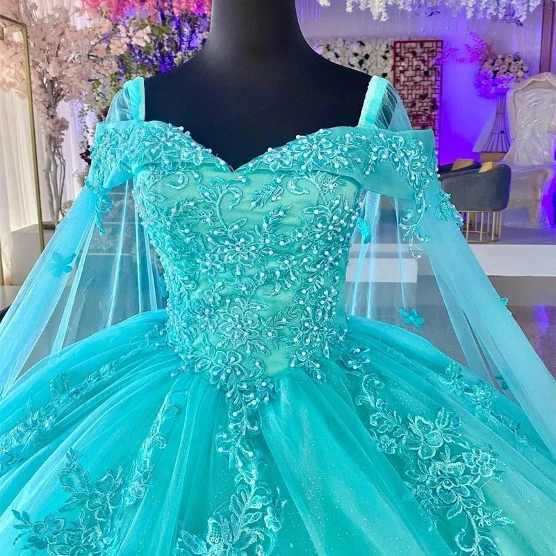 Off-Shoulder Quinceanera Dresses With Long Cape Appliques Princess Pornos De 15 Años Formal Party Ball Gown HOT