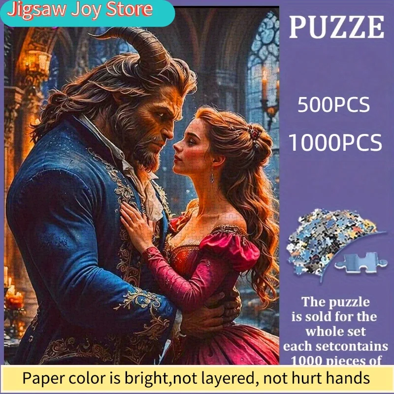 Disney-puzzel, doe-het-zelf-papierpuzzel, romantische scène van Belle en het Beest, Belle en het Beest, verdikt wit kaartmateriaal, geschikt voor