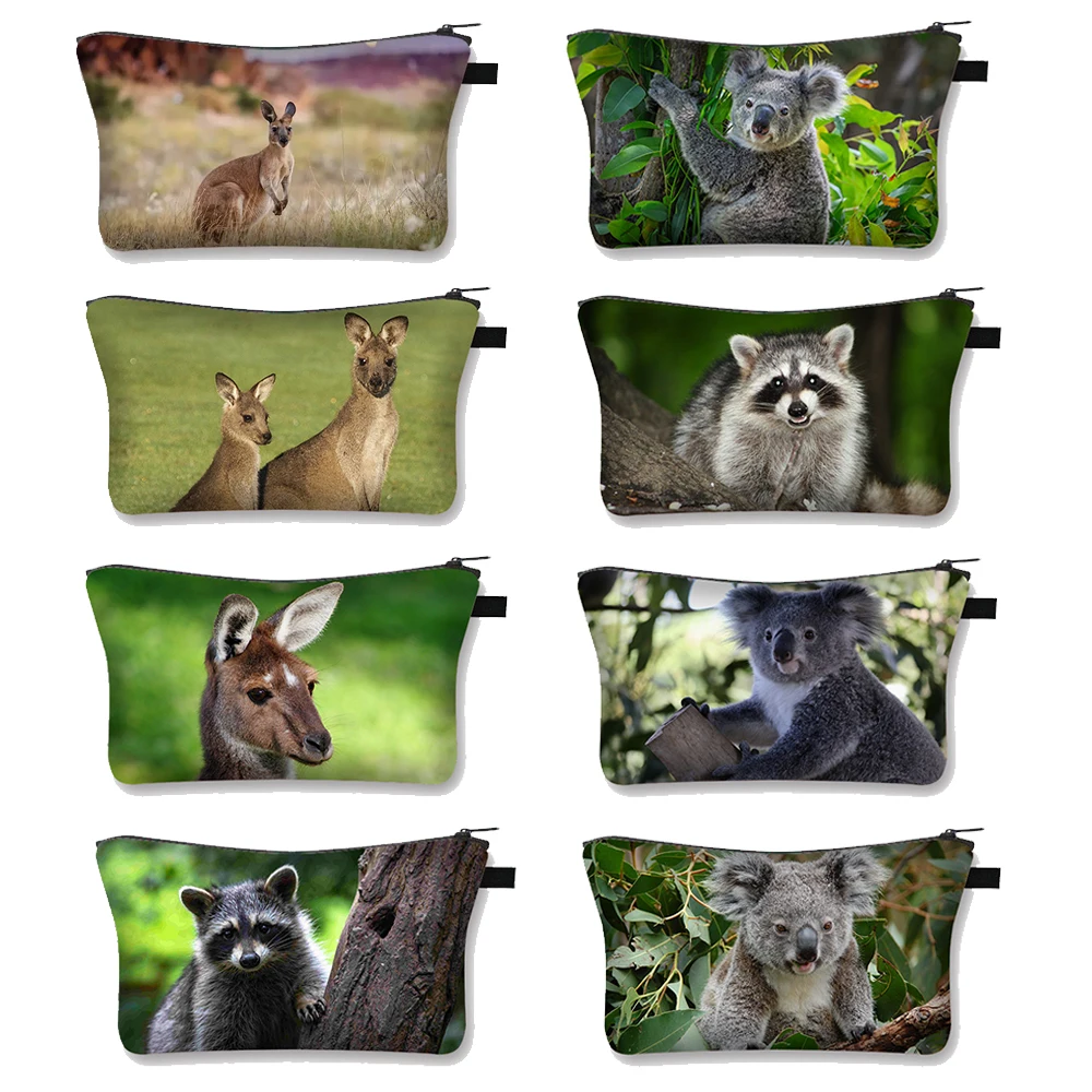 Cute Animal Kangaroo Little Raccoon Koala Cosmetic Case Women Portable Cosmetic Bag Key ID Card Storage Bags Makeup Bags Gift