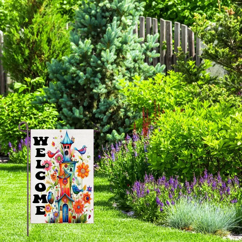 Whimsical Bird Houses Garden Flag Spring Summer Welcome Garden Flags for Outside 12x18 Inch Double Sided Hummingbird Birds H zzo