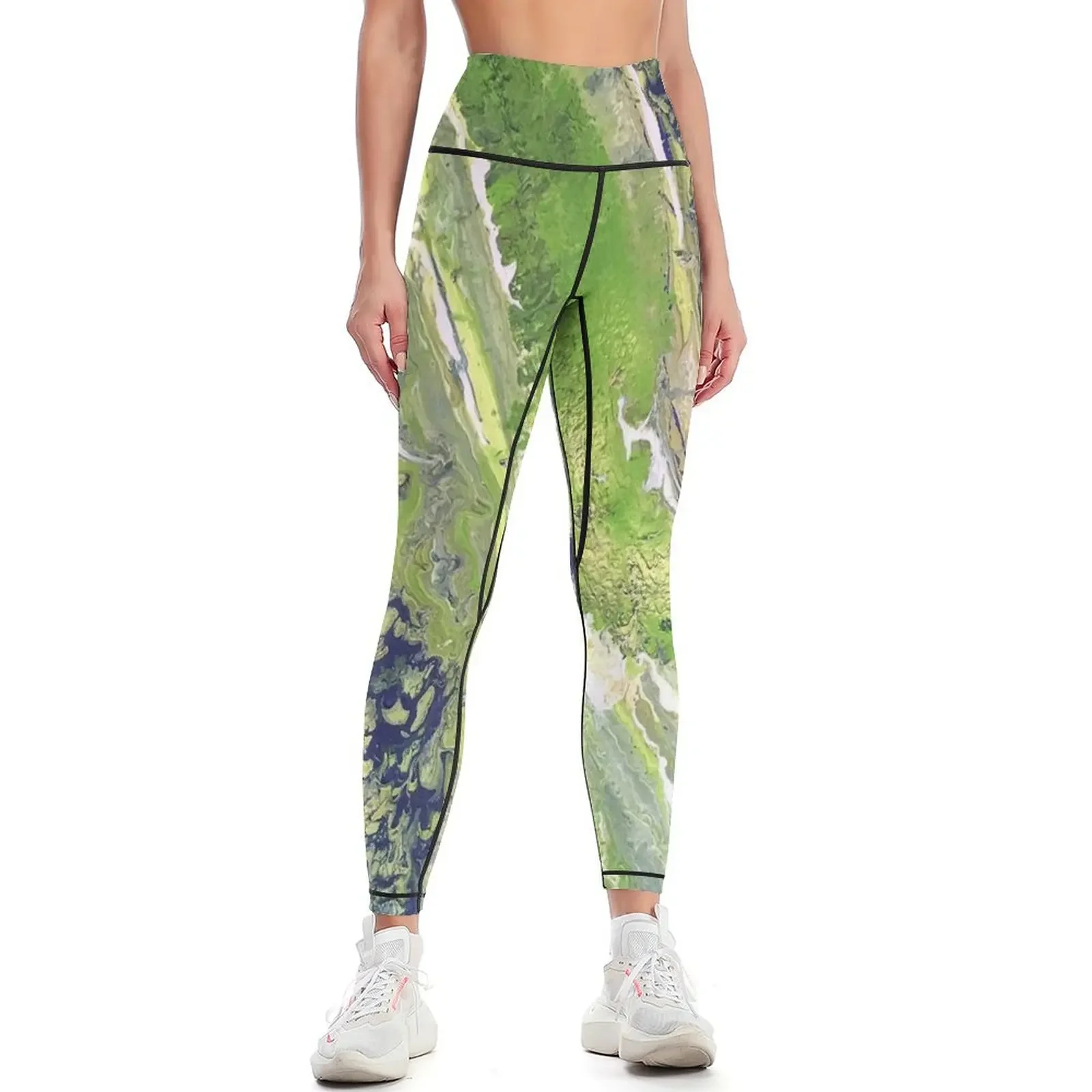 

Contemporary Modern Art Design Green, White, Blue Paint Pours Leggings sporty woman gym Training pants trousers Womens Leggings