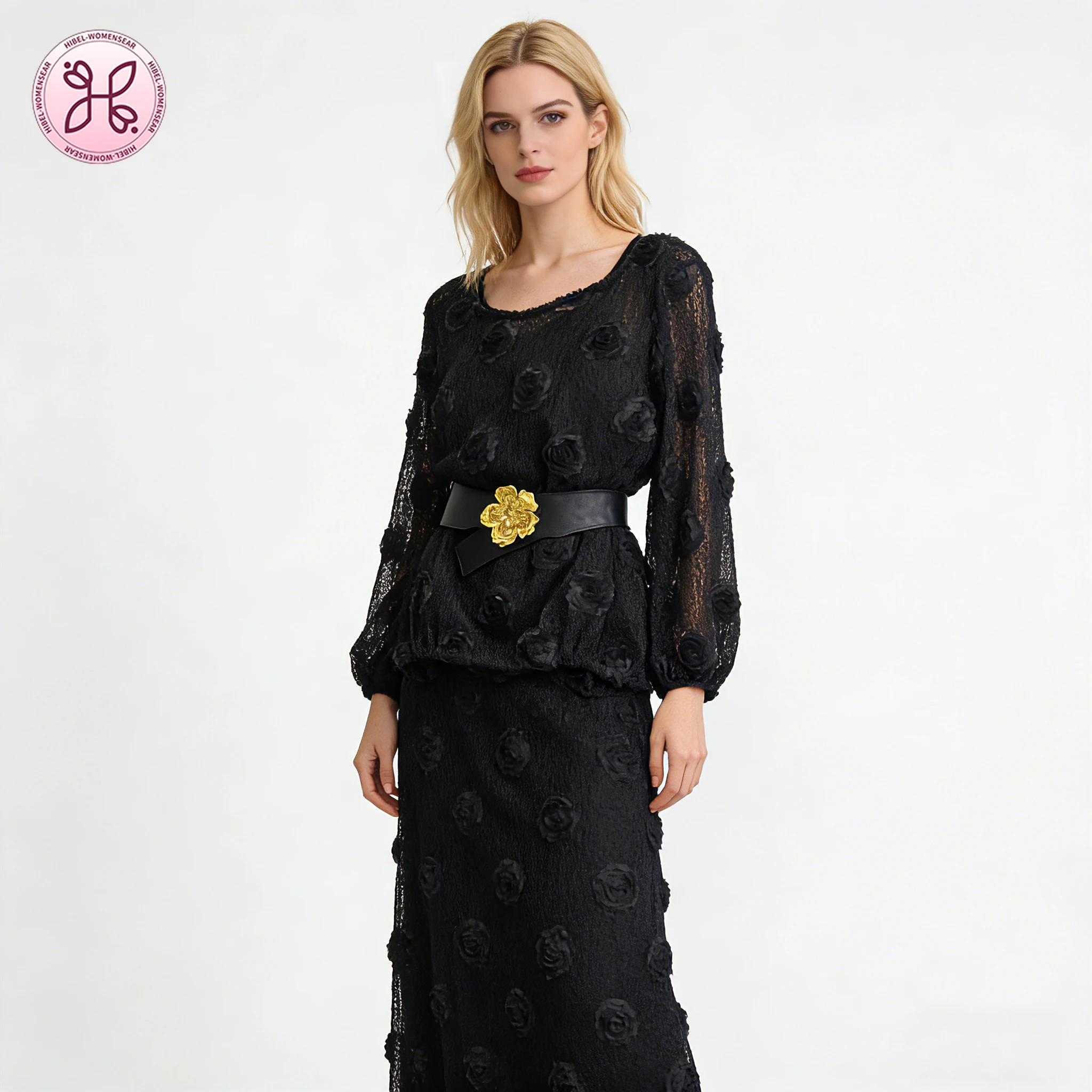 

2026 Spring Autumn New Fashion Elegant Versatile Slimming Top High-End 3D Floral Skirt Set, Women's Two Piece