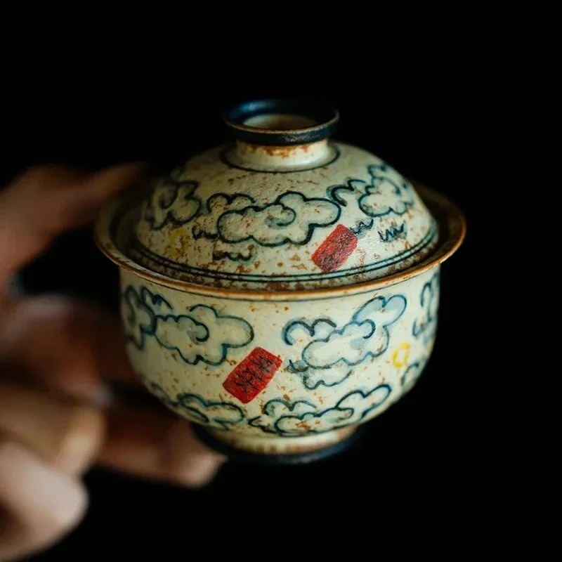 100ML Hand-painted Clouds Blue White Flint Red Gaiwan Ancient Tea Tureen Tea Bowl With Lid Kit Tea Maker Cover Bowl Teaset Craft