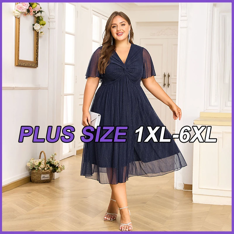 

Plus Size Women's V-Neck Solid Dresses Elegant Evening Party Frock 2XL 3XL 4XL 5XL 6XL Prom Female Large Size Bridesmaid Dresses