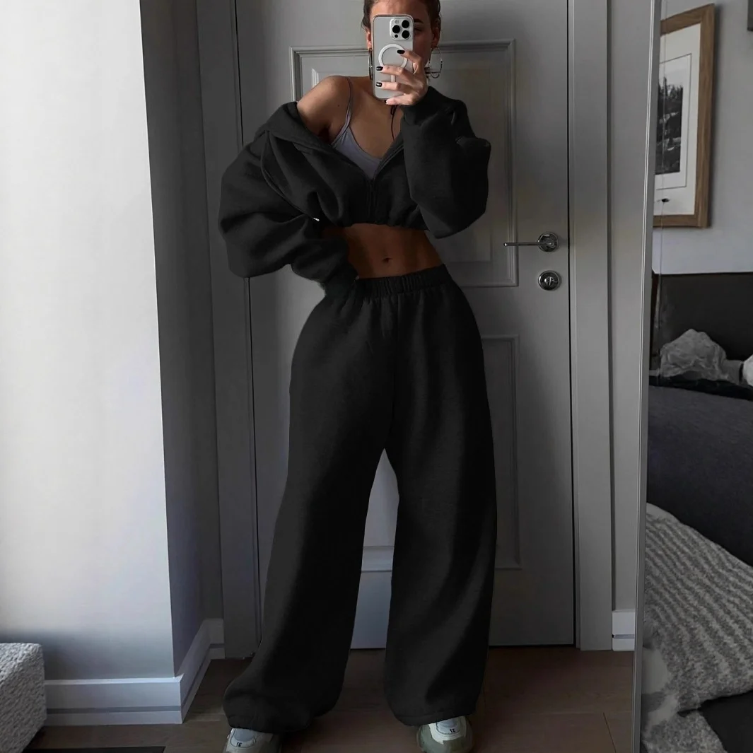 Modny długi komplet dresowy damski: bluza i spodnie, sportowy strój dwuczęściowy, spodnie z wysokim stanem, jesień-zima