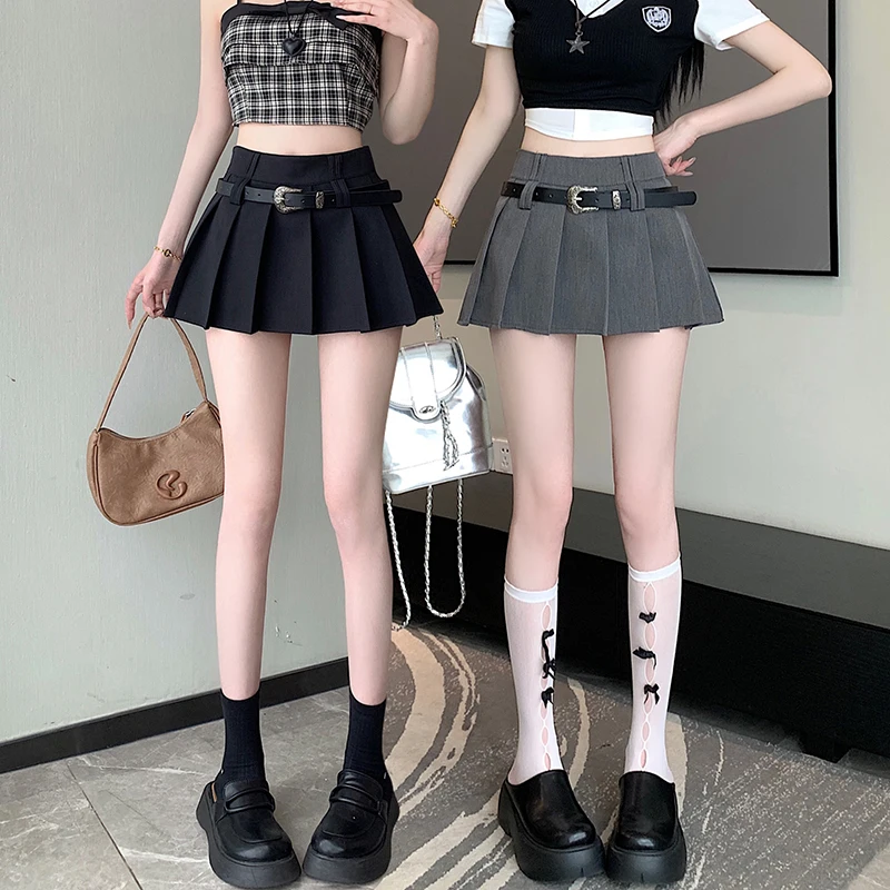 

GAODINGLAN Vintage with Belt Solid Women Skirts Summer High Waist Sexy Mini Skirt Lined Prevent Exposure Female Pleated Skirt