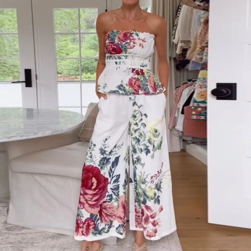 

Women Sexy Strapless Top & Straight Pants Suit Summer Pattern Printed Backless Beach Set Fashion Backless Ruffle Holiday Outfit