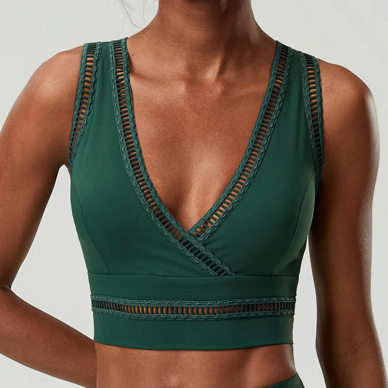 High Elastic Hollow Trim V Neck Sports Bra Women Plus Size Beauty BackYoga Tank Top Athletic Vest For Pilates Running Training 4