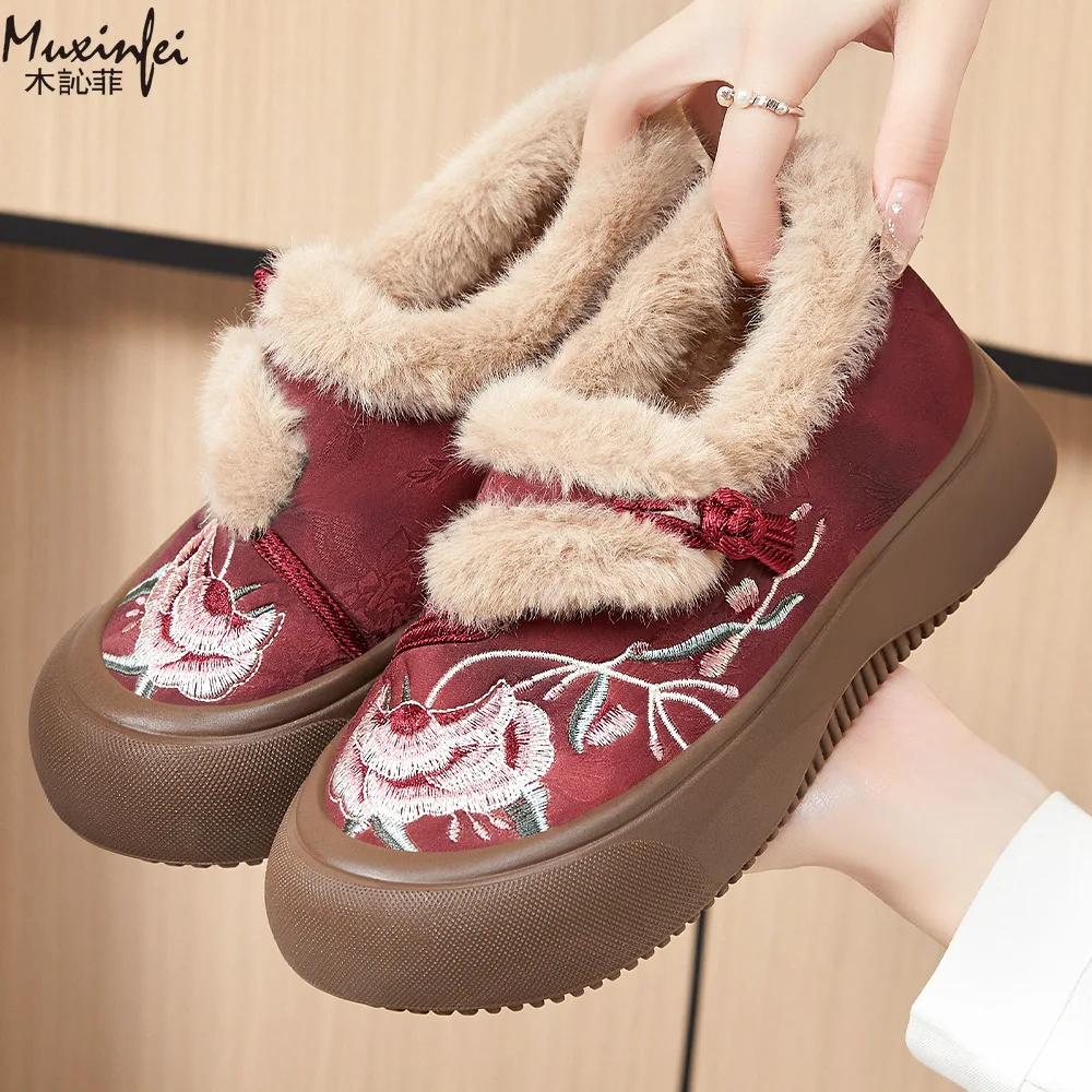

Winter Cotton Shoes Women's New Style Embroidered with Ethnic Style Thickened Fur and Rough Edges One Foot Boots for Women