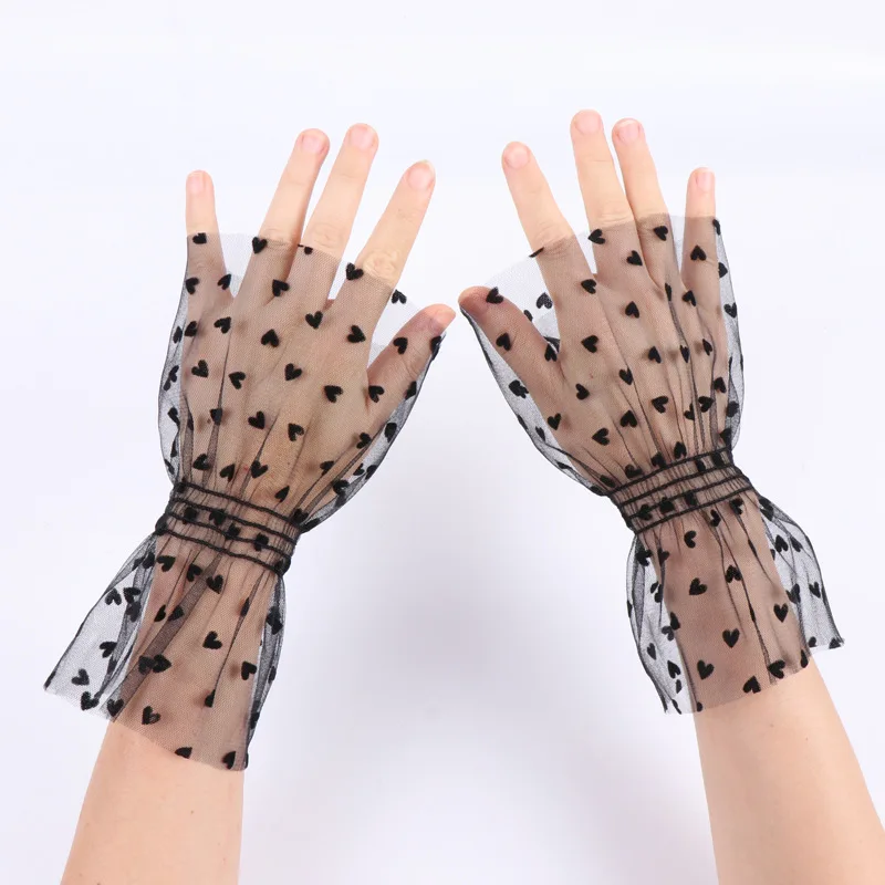 Halloween Black Gloves Short Lace Edged Bow Rhinestone Lolita Anime Costume Forest Style Net Hand Sleeves