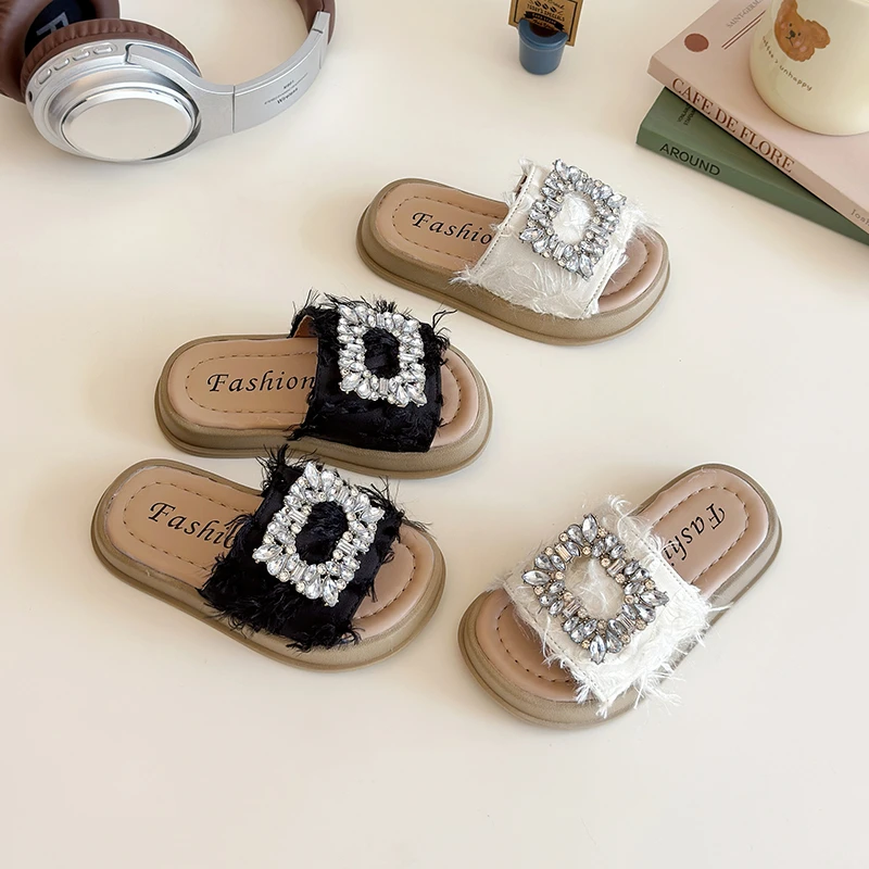 

Children Slippers Diamante Feather Thick Sole Stylish Girl's Summer Shoes Slip-on Casual Slip-on Black Beige Kids Shoes 21-35