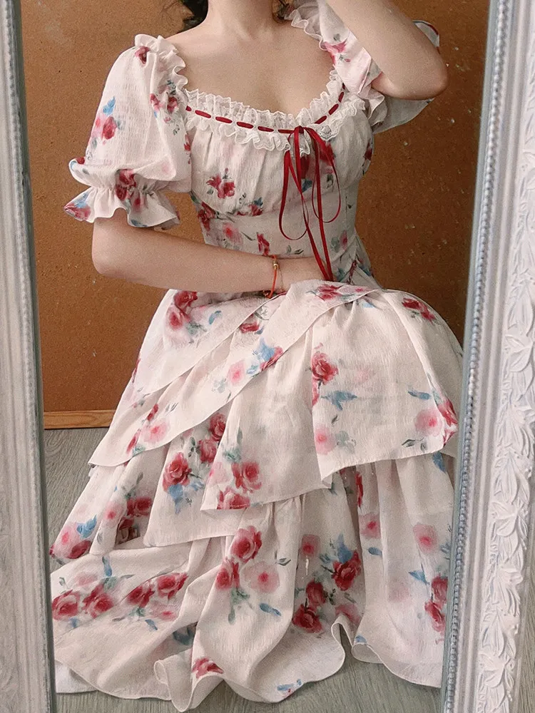 TIYIHAILEY Women Dress Jacquard Summer Puff Short Long Maxi S-2XL Vintage Lace Patchwork High Waist Square Collar 2026 New