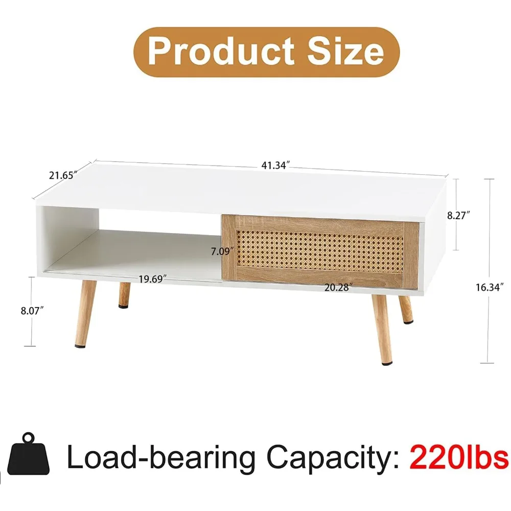 Mesa de centro moderna de meados do século com armazenamento, mesa de sofá central retangular de madeira de 41,3 polegadas com tecido de vime PE deslizante