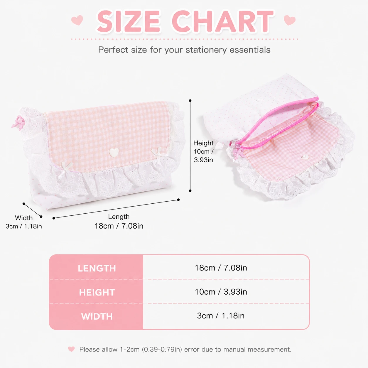 Pink Gingham Ruffle Pencil Pouch Heart Snap Smooth Zipper Stationery Bag for Teen Girls Students School Daily Makeup Storage