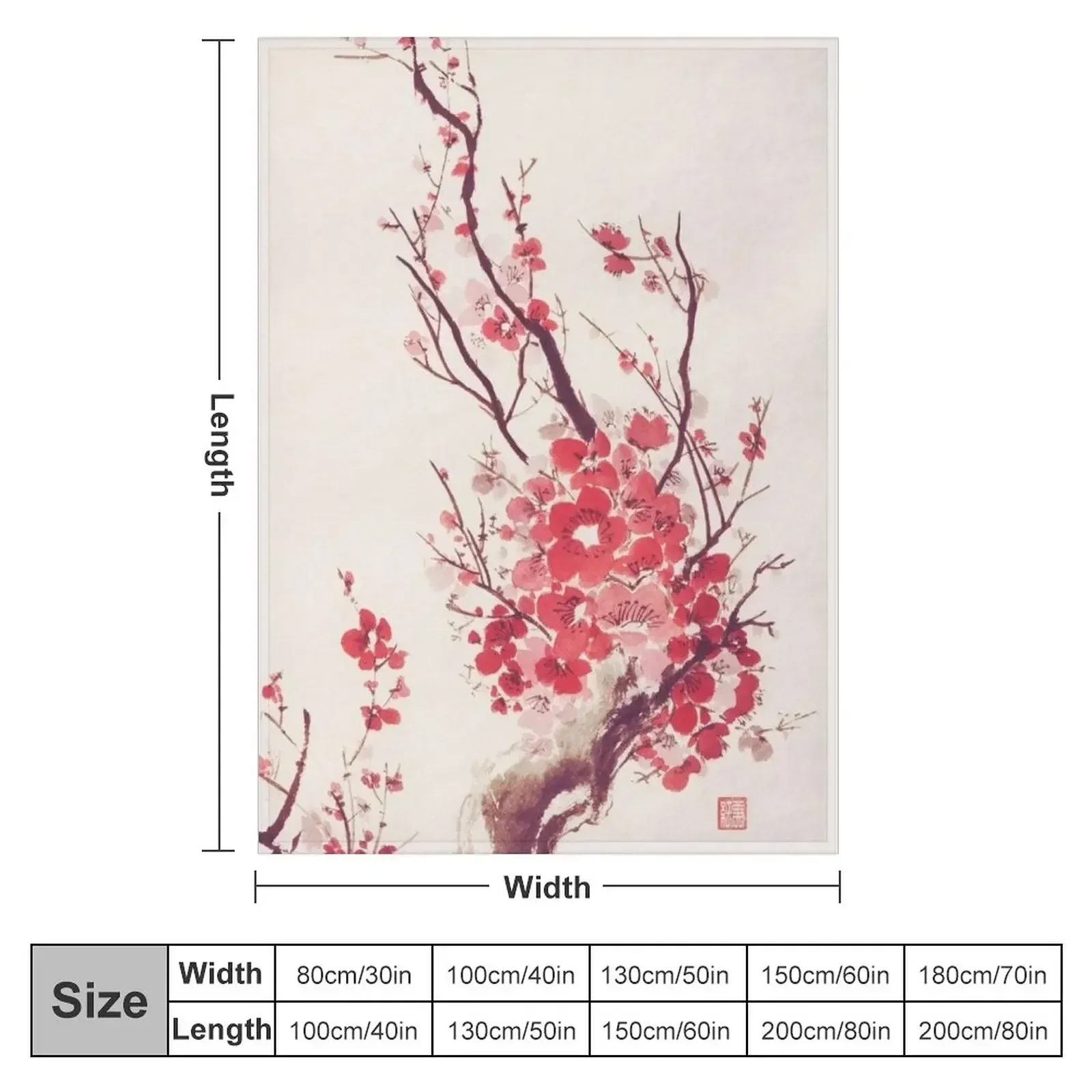 Beautiful bright sakura blossom branch with red flowers Japanese Zen sumi-e painting art print Throw Blanket