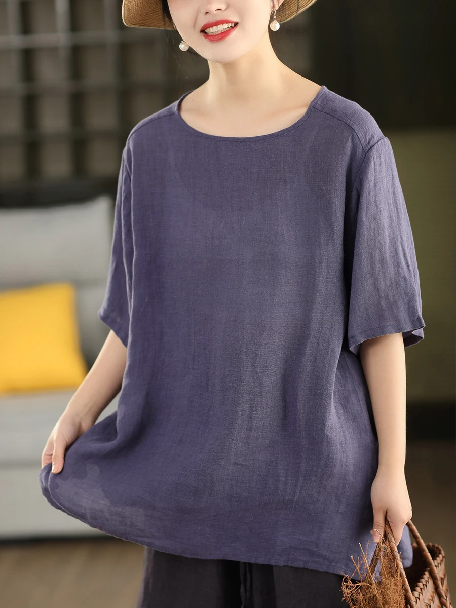 

Retro Washed 100% Linen Women's Summer Mid-Length Overhead Shirt Casual Loose Fit Short Sleeve Robe Style round Neck Top