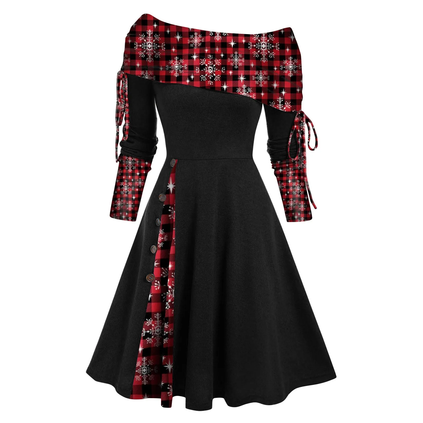 

Women's Autumn And Winter Dresses Long Sleeve Off Shoulder Solid Color Christmas Printing Patchwork Button Mid Length Dress