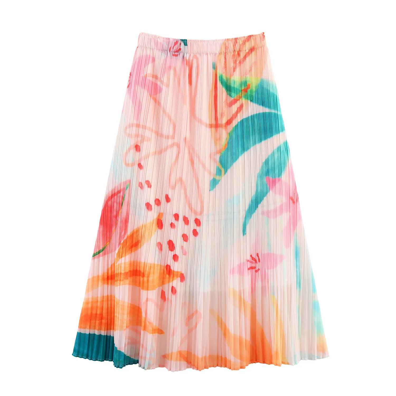 Willshela Women Fashion Printed Large Swing Pleated Midi A-Line Skirt Elastic Waist Female Chic Lady Casual Long Loose Skirt