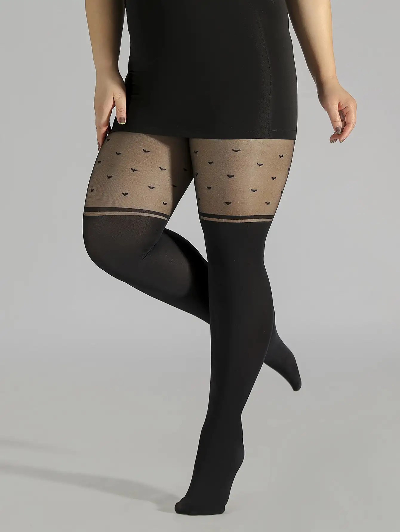 Plus Size Fashion Kawaii Stockings black dot Women\'s Plus Heart Jacquard Colorblock High Rise Stockings