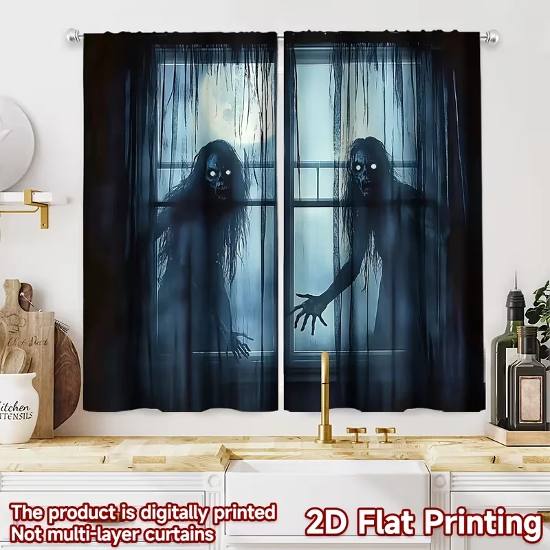 2PCS Universal Curtains for All Seasons, Terrifying Ghosts for Kitchen, Coffee Shop, Living Room, Balcony & Garden Decor Curtain
