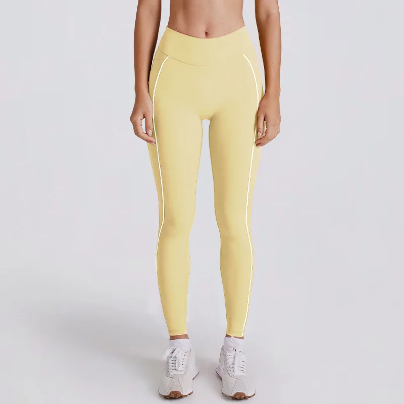 Damskie spodnie sportowe imitujące dwuczęściowe, białe spodnie do jogi w paski, legginsy wyszczuplające z wycięciem w kształcie litery V, modelujące i podnoszące biodra.