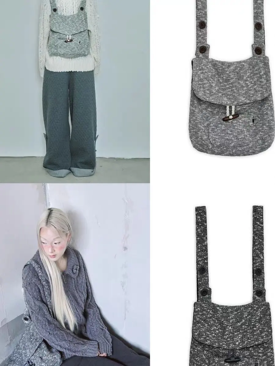 Korean Retro Fashion Color Knit Horn Button Backpack Large Capacity Woman Bag