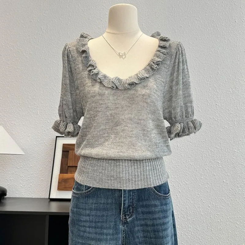 

2026 Summer New Women's Clothing Knitted Sweater Short Sleeve Loose Thin Solid Color Lace Collar T-shirt Top