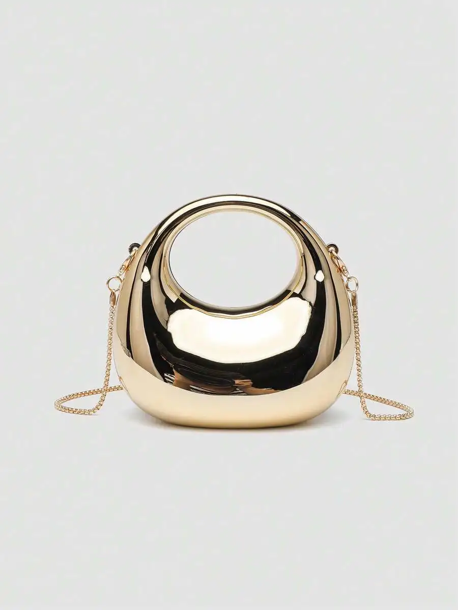 

Elegant Gold-Tone Circular Handbag With Chain Strap For Party Evening Wear