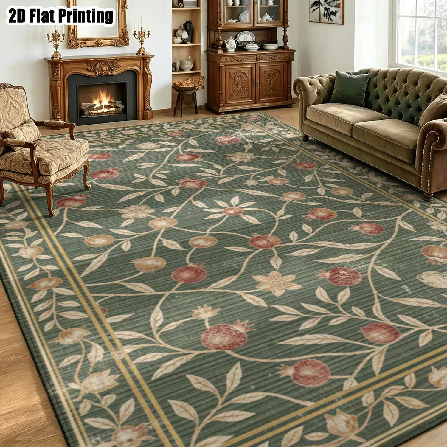 1Pc 2D Printed Carpet: Dark Green Pomegranate Flower Branch, Retro/Nordic/Instagram Style, Home Decor, Multi-Size, Machine Washable, Multi-Scene Use