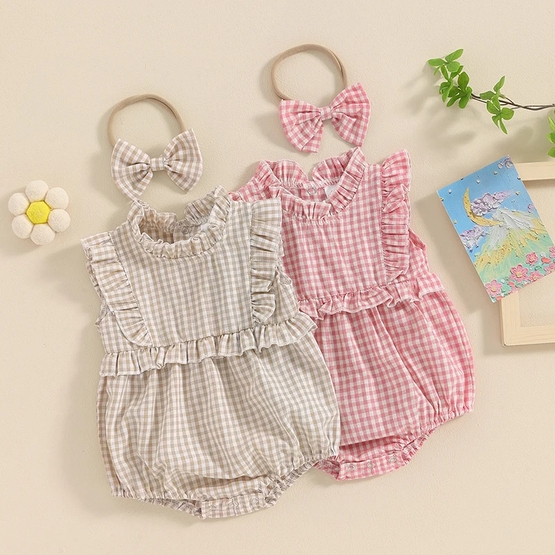 

Baby Girls Summer Romper Infant Sleeveless Ruffle Collar Plaid Romper with Headband 2 Pieces Sets for 0-18 Months