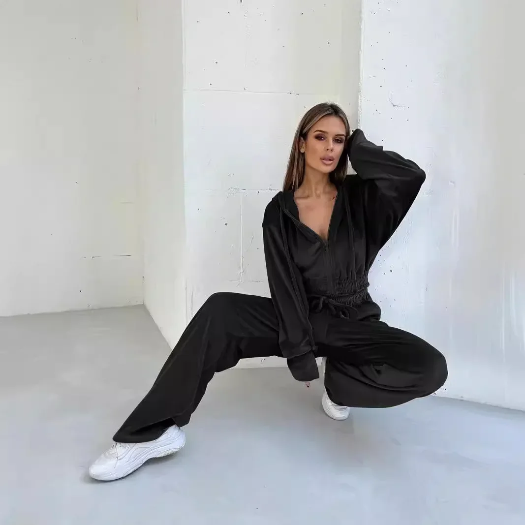 Velvet Tracksuit Sweatpants Casual 2 Pieces Jogger Set Hooded Long Sleeve Autumn Winter Women Solid Color Crop Top Pants