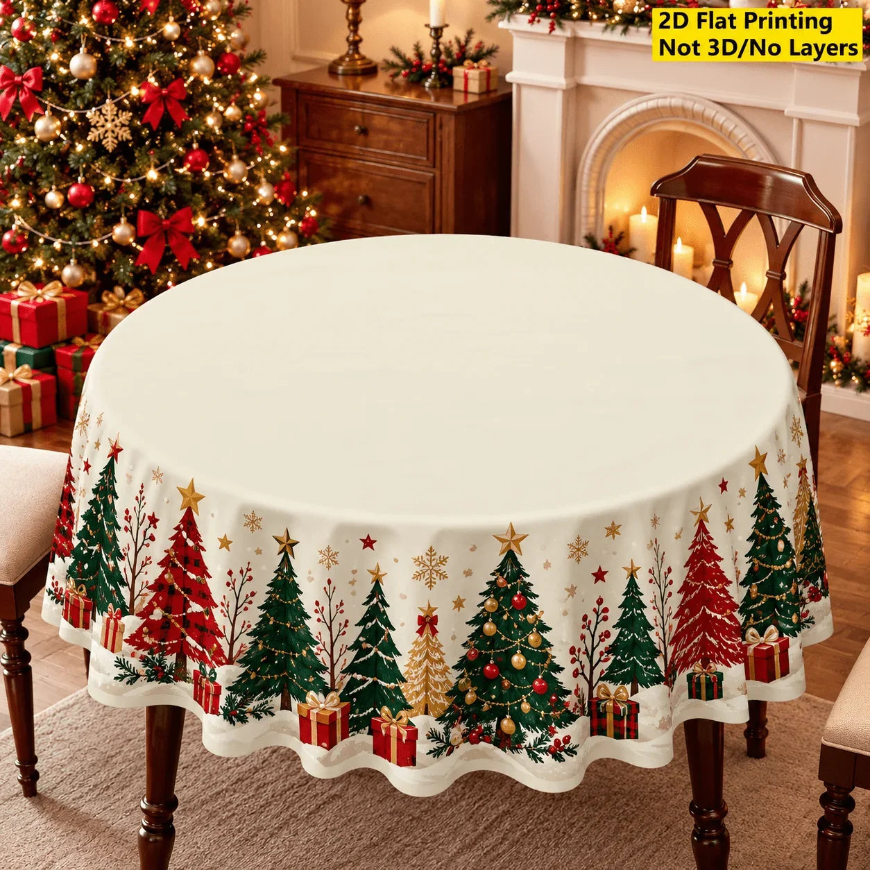 1 round tablecloth, Christmas tree snowflake gift box printed tablecloth, polyester material, cream white background