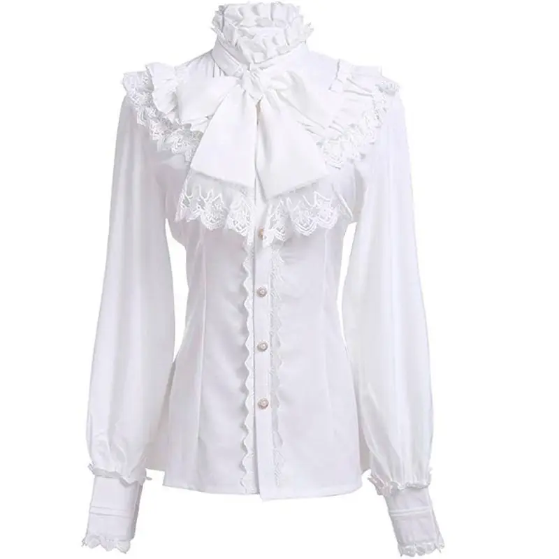 2026 Summer Women's Lolita Blouse Shirt  High Neck Ruffle Lace Bow Tie Lantern Sleeve Elegant Party Top Clothing