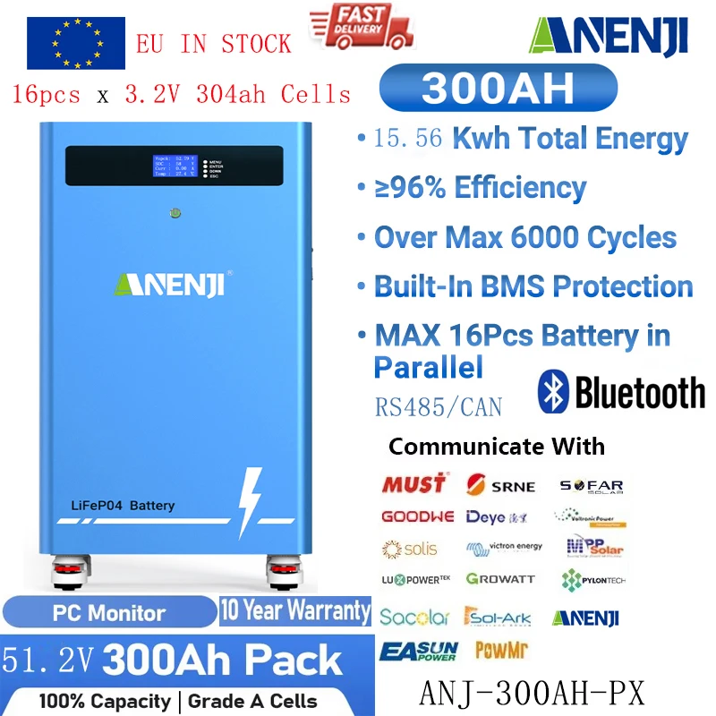 

ANENJI 48V 300Ah LiFePO4 Battery Pack 15Kwh With Wheels 51.2V 16Kwh 300Ah Lithium Battery 6000+ Cycles Bluetooth CAN RS485 BMS
