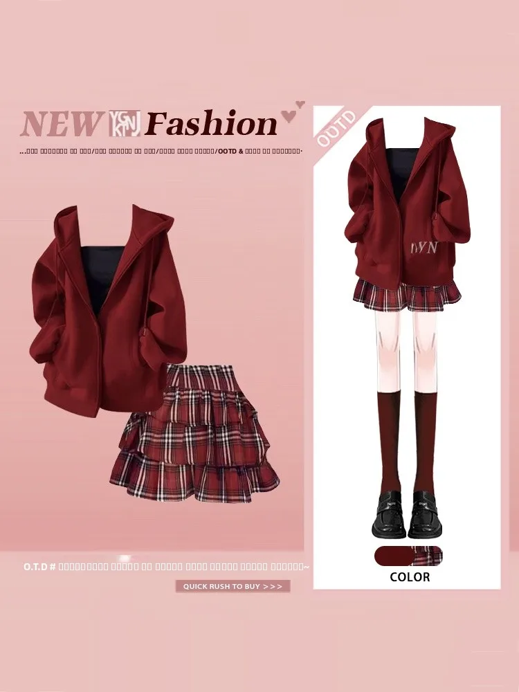 

Red Sweatirt Bla Strap Puffy Skirt Tee-Piece Set Women Winter New Meat Cover Slim Hong Kong Sle Faionable Outfit