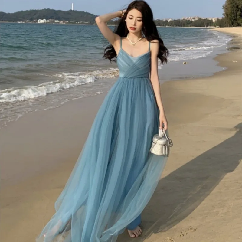 Seaside Photograph Dress Sweet Travel Holiday Split Beautiful Strap for Women Summer