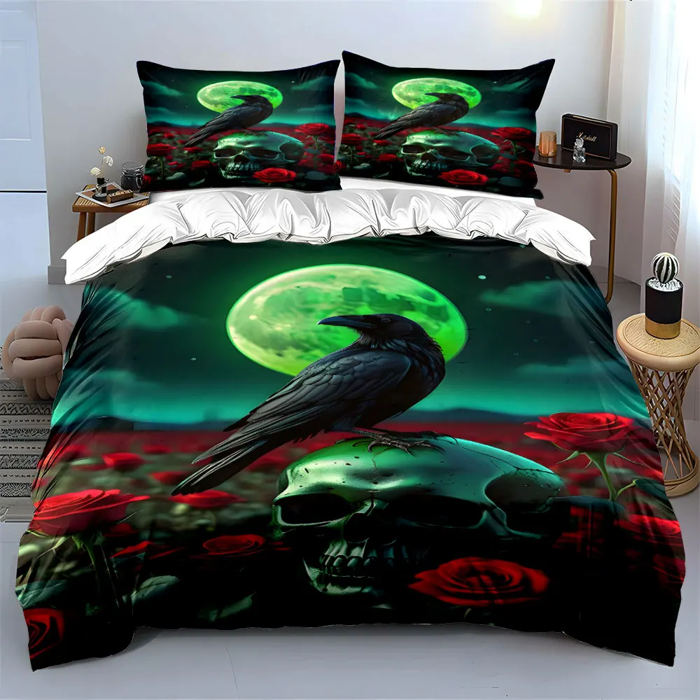Dark Raven Skull Rose Night Design Print Bedding Set 1 Duvet Cover 2 Pillowcases for Adult and Children Luxury Gift Full Size