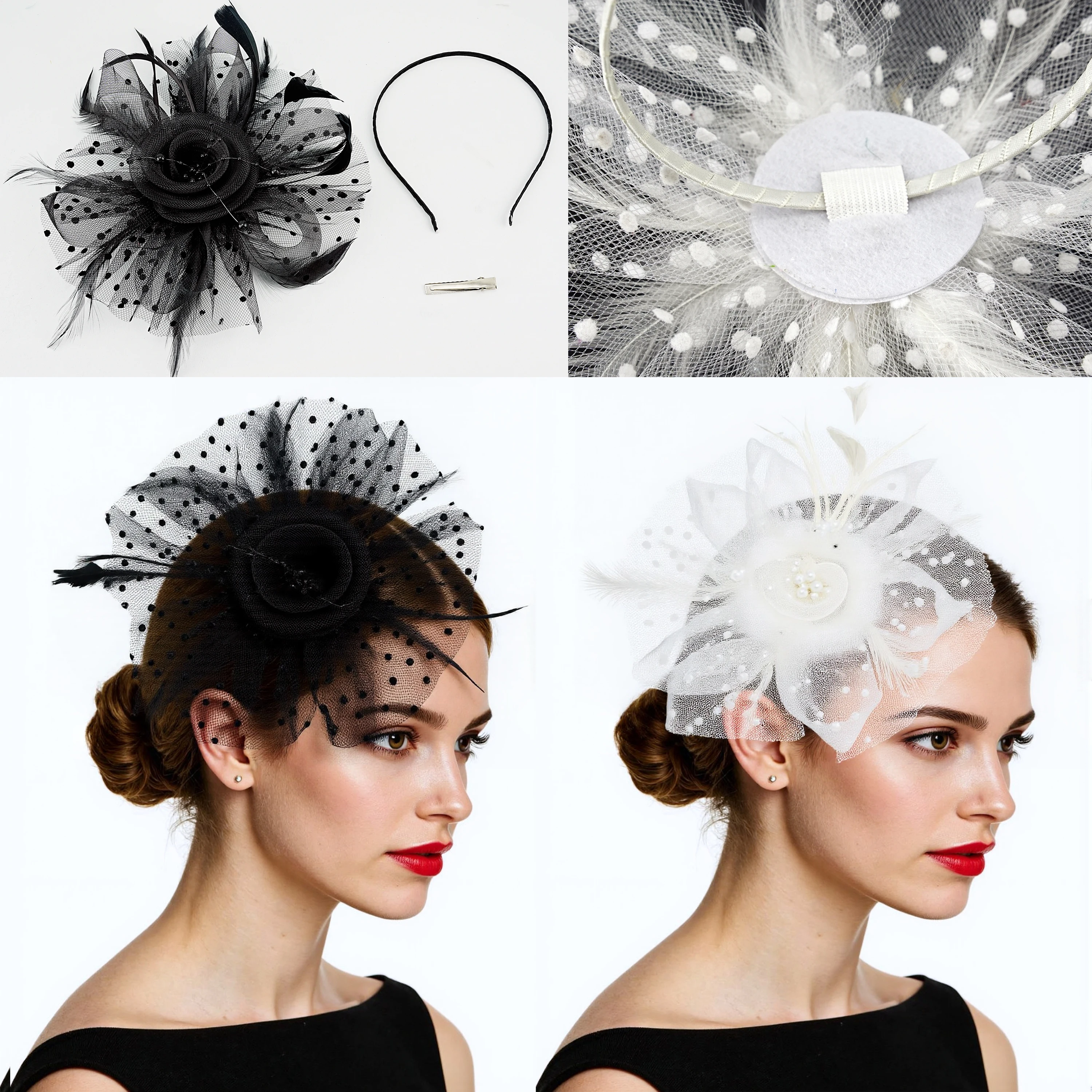 

1pcs 2 in 1 Adjustable Tulle Hair Clip & Headband with Black White Accents DIY Elegant Hair Accessory for Women