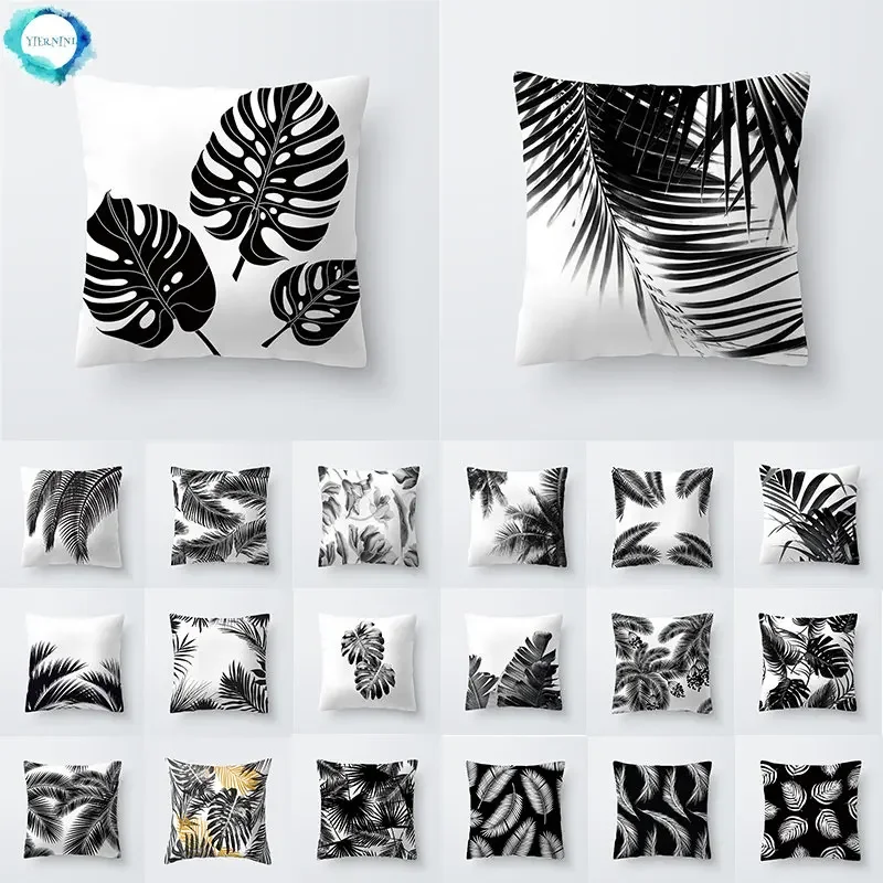 

45x45cm Black White Plant Leaves Pillowcase for Sofa Car Waist Throw Home Decoration Tropical Plants Cushion Cover Pillow Cases