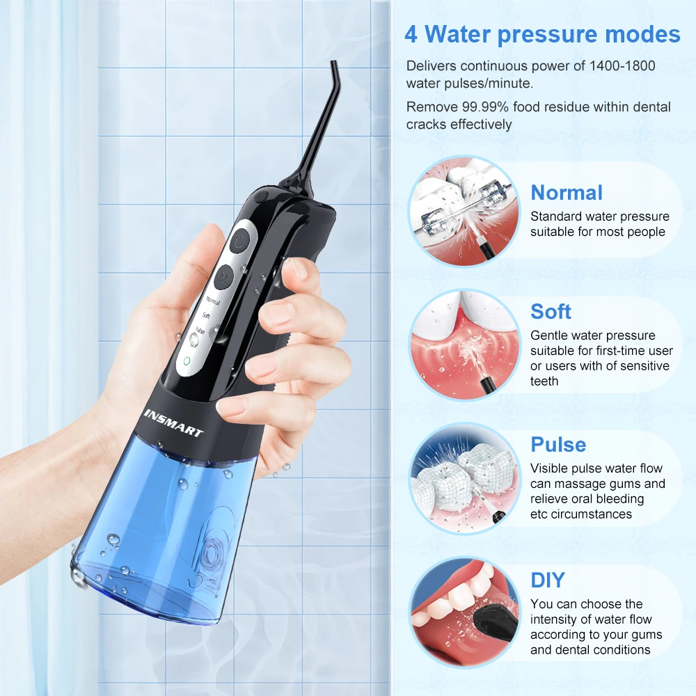 INSMART Oral Irrigator Dental Water Flosser Teeth Whitening Waterproof Portable Dental Water Jet Floss 300ML Teeth Cleaner