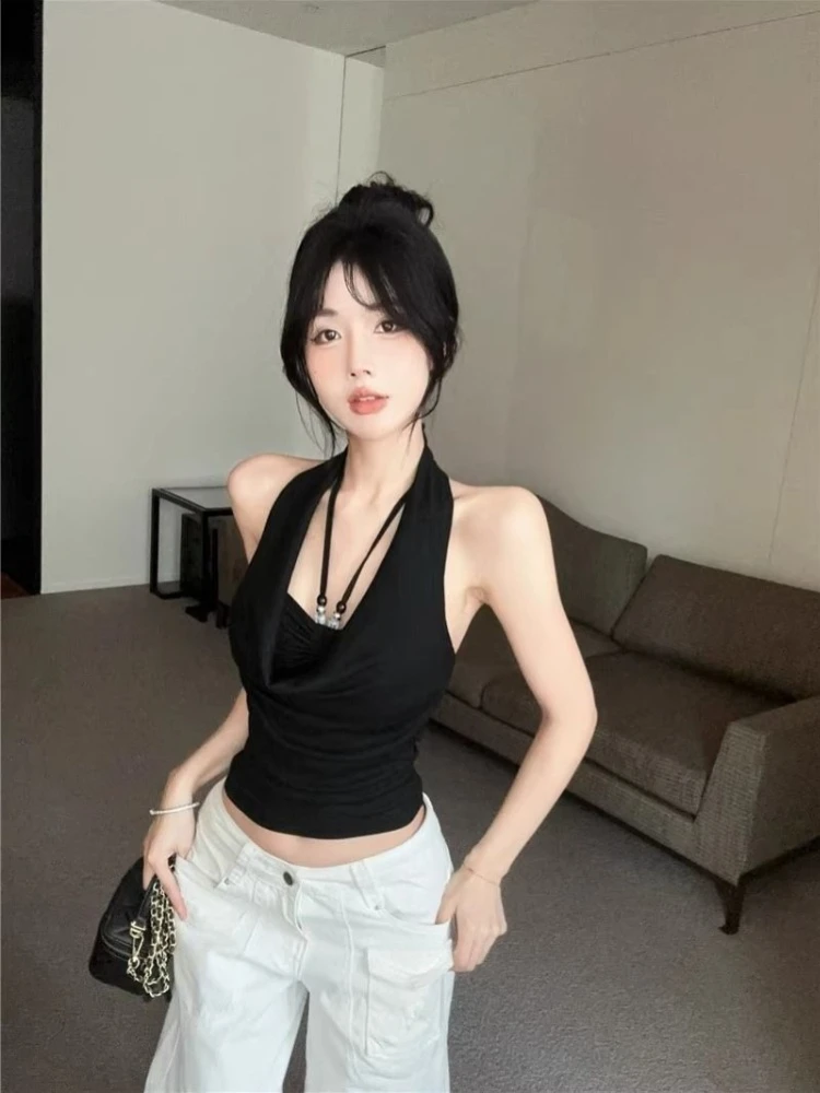 2026 Summer Fashion Women Double Layer Halter Neck Top Slim Fit Hot Girl Style Sexy Cami Blouse