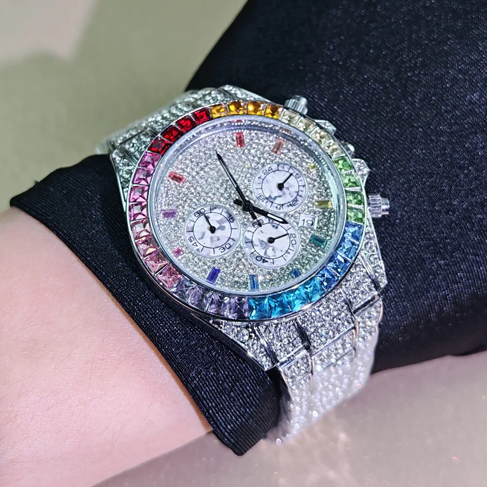 High Quality Luxury Ice Colored Diamond Quartz Watch Men Trendy Steel Vintage Ice Out Timepiece Novelty Shiny Watch Man Jewelry