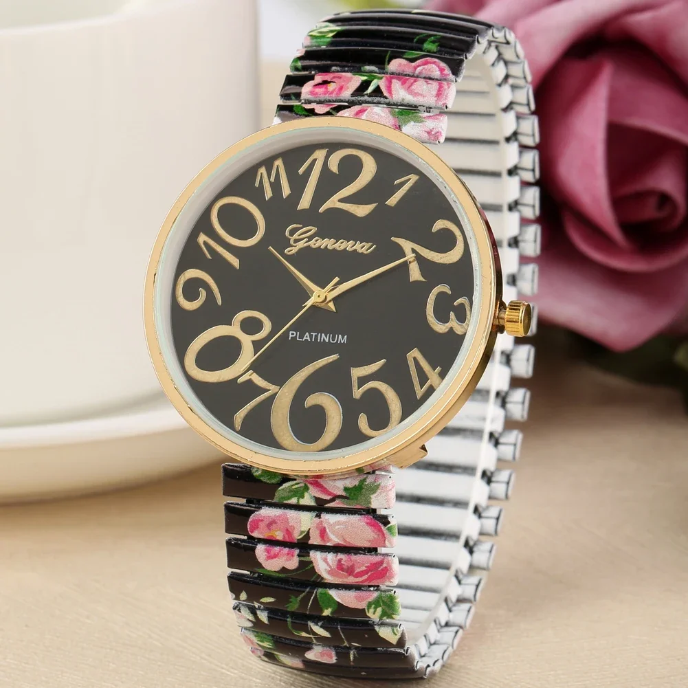 Orologio al quarzo da donna alla moda, quadrante grande con numeri arabi, orologio da polso da donna, cinturino con stampa elastica unica, orologi da ragazza Reloj Mujer